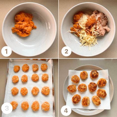 Chicken and sweet potato nuggets - Cookwithwenty Sweet Potato Bites For Baby, Sweet Potato Tots For Baby, Sweet Potato Nuggets Baby Foods, Sweet Potato Blw Recipes, Sweet Potato Chicken Nuggets, Sweet Potato Nuggets, Homemade Chicken Nuggets For Baby, Toddler Veggie Nuggets, Blw Family Dinners