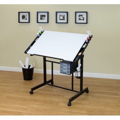 The product features a comfortably large work surface and a place to keep all of your various suppliers. The tabletop easily adjusts in angle up to 40 degrees. 4 accessory side trays and 3 slide-out drawers are available for storage. It also includes a pencil ledge that slides up and locks into place when needed, as well as a cup holder and metal frame holder with a drip tray (for glue gun, paint, etc.). Four-wheel casters with dual locking make for a secure, mobile workstation. Color: White / B Wood Drafting Table, Hobby Table, Drawing Desk, Craft Station, Studio Desk, Drafting Table, Teachers Pet, Adjustable Standing Desk, Inbox Zero