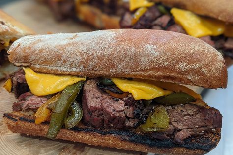 Steak Subs, Cooking Skirt Steak, Philly Cheesesteaks, Hoagie Rolls, Steak Cuts, Steak Sandwich, Bbq Rub, Strip Steak, American Cheese