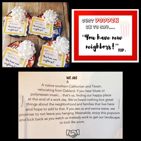 My take on the new neighbor introduction gift. 1.Stove Top Jiffy Popcorn 2.Bow 3.Ribbon 4.Paper/Printer/Microsoft Word Hang it on their door knob or outer gate Apartment Neighbor Gifts, Neighbor Introduction Ideas, New To The Neighborhood Introduction, New Neighbor Gifts Introduction, New Neighbors Introduction Gift, Introduce Yourself To Neighbors, Neighborhood Ideas, Introduction Gift, Welcome New Neighbors