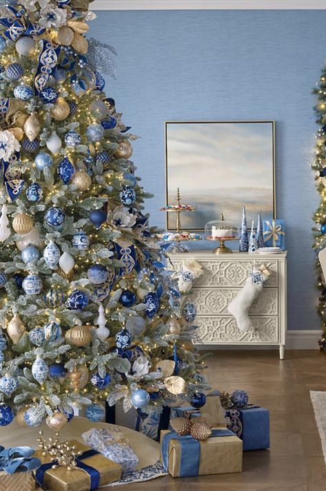 Navy Gold And Silver Christmas Tree, Blue Gold And White Christmas Tree, Blue White Gold Christmas Tree, Blue Gold And Silver Christmas Tree, Blue White And Gold Christmas Tree, Blue Silver And Gold Christmas Tree, Navy And Gold Christmas Decor, Blue And Silver Christmas Tree Ideas, Navy And Gold Christmas Tree