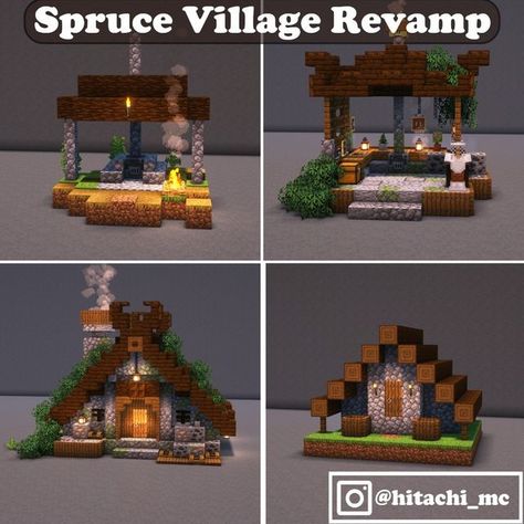 Old Growth Taiga House Minecraft, Spruce Village Minecraft Ideas, Spruce Village Revamp Minecraft, Minecraft Building Ideas Spruce, Minecraft Spruce Village Ideas, Minecraft Mason House, Spruce Village Minecraft, Minecraft Toolsmith House, Minecraft Mini House Ideas