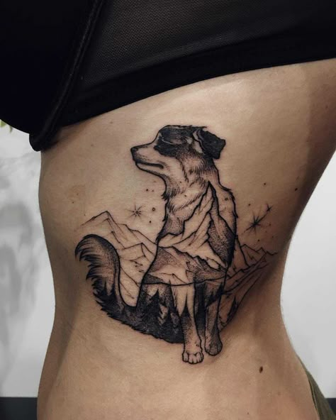 Double exposure dog and mountains tattoo inked on the left rib cage by Sasha Tattooing Sasha Tattoo, Tropisches Tattoo, Berg Tattoo, Mountains Tattoo, Double Exposition, Panther Art, Theme Tattoo, Folio Society, Leg Tattoo Men