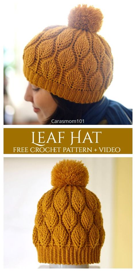 3D Leaf Stitch Hat Free Crochet Patterns + Video Crochet Beanie Hat Free Pattern, Leaf Stitch, Stitch Hat, Beanie Hat Pattern, Crochet Leaf Patterns, Crochet Hat Free, Mode Crochet, Crochet Knit Hat, Bonnet Crochet