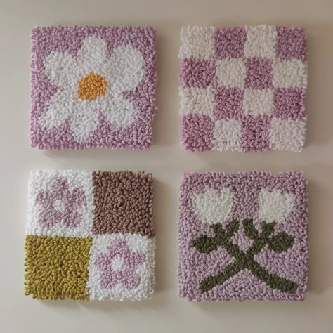 One of the very first punch needle crafts I made was coasters! Which set is your favourite? #punchneedleart #punchneedle #punchneedleembroidery #embroidery #coasterart #homedecor #decorideas #decor #instagram #productphotography #etsyuk #etsyshop #etsyfinds Punch Needle Home Decor, Punch Needle Simple, Punch Needle Rugs, Punch Needle Design, Punch Needle Coasters, Art Yarn Weaving, Mini Rugs, Handmade Desks, Rug Cute