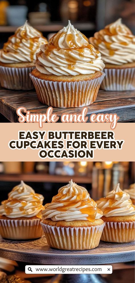 Discover the joy of baking with our easy Butterbeer Cupcakes recipe, perfect for Harry Potter fans and novice bakers alike! These delightful cupcakes are made with simple ingredients like butterscotch pudding mix and cream soda, creating a flavor that mirrors the famous wizarding drink. Ideal for birthdays, movie nights, or themed gatherings, these cupcakes will make any event feel special. Follow our detailed instructions and tips to ensure your baking adventure is a success! Butter Beer Frosting, Butterbeer Cupcakes Recipe, Gummy Worm Cupcakes, Winnie The Pooh Cupcake Ideas, Harry Potter Cupcake Cake, Harry Potter Birthday Cupcakes, Harry Potter Dessert Ideas, Gold Cupcakes Ideas, Lindt Cupcakes