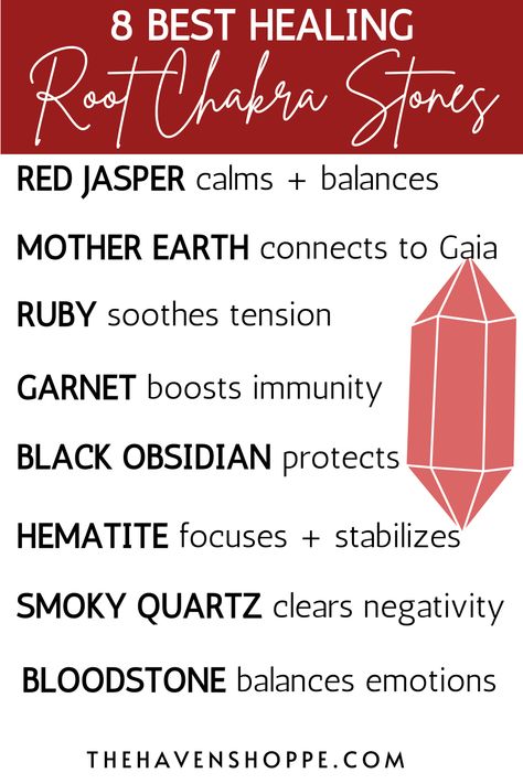 Root Chakra Healing Crystals, Root Chakra Practices, Crystals For Root Chakra, Healing Root Chakra, Root Chakra Crystals, Root Chakra Meditation, Chakra Stones Jewelry, Crystals Healing Grids, Chakra Healing Meditation