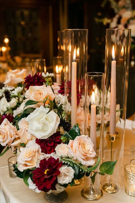 Taper Candle Centerpiece, Dahlia Centerpiece, Burgundy Wedding Centerpieces, Blush Wedding Centerpieces, Gold Candlesticks, Gold Wedding Centerpieces, Romantic Centerpieces, Burgundy And Blush Wedding, Rose Gold Theme