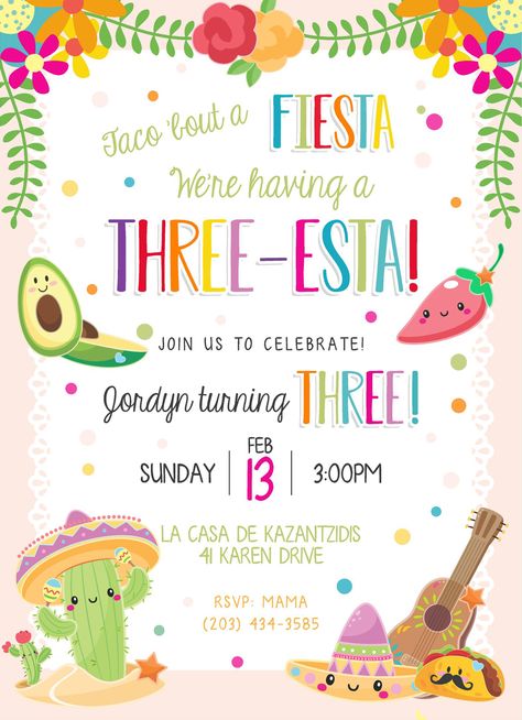 Taco About Three Birthday, Three Year Party Theme, Third Birthday Taco Theme, 3 Year Birthday Themes, Fiesta Theme 3rd Birthday Party, Fiesta Three Year Old, 3rd Birthday Puns, 3rd Year Old Birthday Party Ideas, Three Esta Birthday Party Invitations