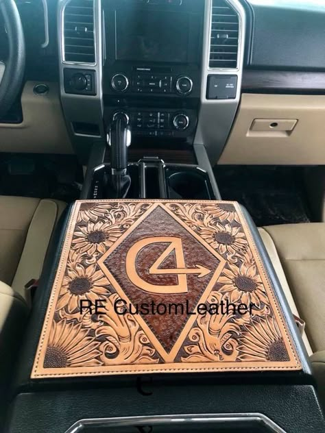 Leather Console Cover, Tooled Leather Console Cover, Center Console Truck, Truck Accessories Diy, Pickup Accessories, Horseshoe Crafts Projects, Cool Truck Accessories, Custom Leather Work, Car Interior Diy