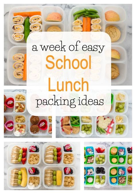 A week of easy school lunch packing ideas from WhatLisaCooks.com A Week Of School Lunches, Kid Packed Lunch Ideas, Packed Lunch For Kindergarten, Kids School Lunch Ideas Bento, What To Pack For Preschool Lunch, Pack School Lunch, Lunch Packing Ideas, Non Sandwich School Lunch Ideas For Kids, School Lunch Packing