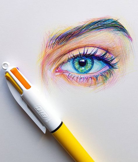 Colored Pen Drawing Ideas, Pen Art Colorful, Pen Drawing Color, Color Pen Sketch, Bic Pen Drawing Sketches, Bic Drawing Pen Art, Pen Color Drawing, Multicolor Pen Drawing, Biro Pen Art