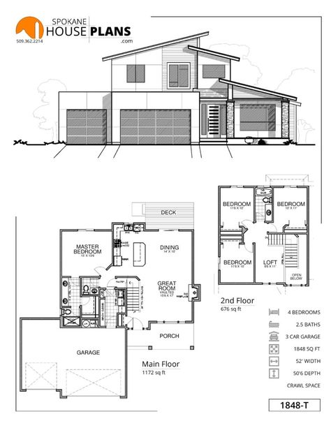 1848-T | Spokane House Plans Architectural House Plans Drawing, Second Floor Floor Plan, Floor Plans Drawing Hand, 2 Floors Building Elevation, Floor Plan With Section And Elevation, 3000 Sq Ft House Plans, Second Floor House Design, Autocad 2d Plans House, Plan Section Elevation Drawings Of House