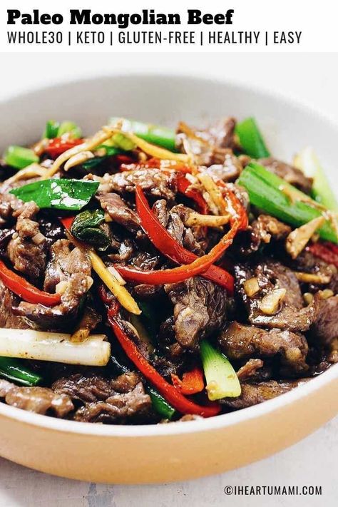 Paleo Mongolian Beef with juicy sizzling hot beef steak, stir-fried in a sweet and savory sauce. Healthy Mongolian beef is gluten-free, Whole30 and Keto friendly. #PaleoMongolianBeef #MongolianBeef #Whole30MongolianBeef #KetoMongolianBeef #EasyMongolianBeef #HealthyMongolianBeef #IHeartUmami Healthy Mongolian Beef, Paleo Mongolian Beef, Hot Beef, Paleo Menu, Paleo Cookbook, Whole30 Keto, Mongolian Beef, Paleo Diet Recipes, Easy Paleo