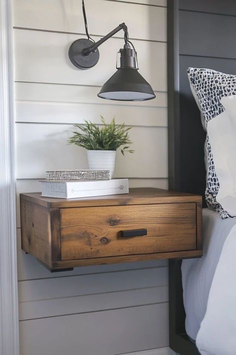 "Create modern and functional decor with DIY Floating Nightstands! 🛠️🛏️ Ideal for adding storage without sacrificing style. 🌟✨ #DIYProjects #BedroomDesign #FloatingNightstands" Farmhouse Floating Nightstand, Nightstands For Small Bedrooms, Floating Bedside Table Diy, Floating Side Tables Bedroom, Tall Bedside Table Ideas, Diy Wood Nightstand, Floating Nightstand Diy, Diy Nightstand Plans, Floating Bedside Shelf