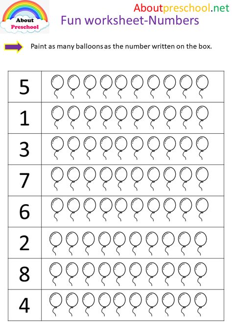 Preschool-Fun worksheet-Numbers-Balloon - About Preschool Worksheet Numbers, Number Activities Preschool, Preschool Worksheets Free Printables, Number Worksheets Kindergarten, Preschool Number Worksheets, Free Preschool Worksheets, Kindergarten Fun, Numbers Preschool, Number Worksheets