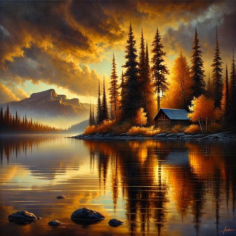 a captivating oil painting of a serene lakeside landscape at twilight, featuring tall autumn trees in shades of gold and orange reflected in the calm waters below Orange Landscape Painting, Autumn Esthetics, Bird In A Tree, Magical Paintings, Cloud Night Light, Tree Painting Canvas, Beautiful Landscape Paintings, Autumn Sunset, Gold And Orange