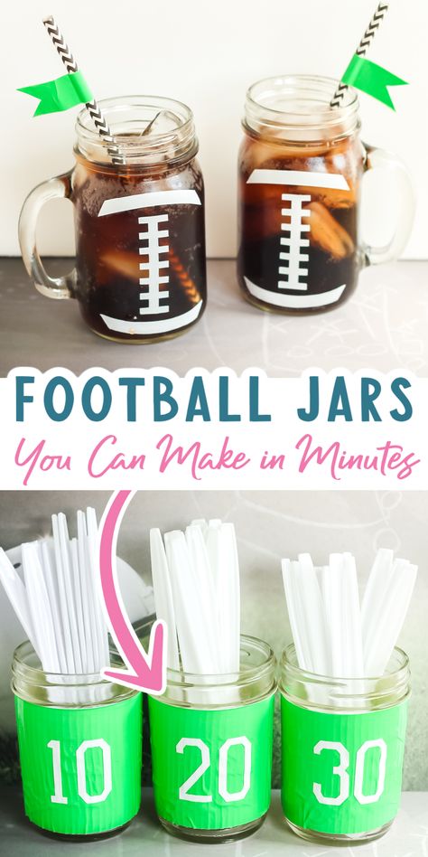 Football Mason Jars, Mason Jar Ideas, Jar Projects, Mason Jar Projects, Party Poppers, Personalized Bow, Football Decorations, Jar Ideas, Football Birthday