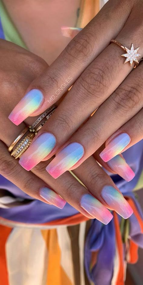 Fun Summer Nails, Bright Summer Nails, Tie Dye Nails, Ombre Nail Designs, Pretty Nail Art Designs, Bright Nails, Acrylic Nails Coffin Short, Rainbow Nails, Summer Nails Colors