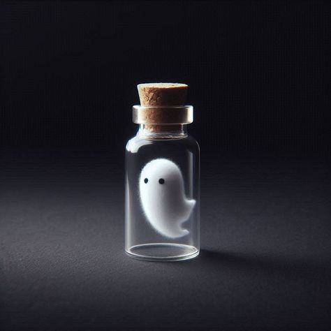 This image features a small piece of conceptual art.The composition focuses on a tiny transparent glass bottle sealed with a cork. Inside, there is a small, ghost-like figure made of white, wispy material with two black eyes. The background is uniformly dark, emphasizing the bottle and its ethereal occupant. The simplicity of the setting and the minimalistic style lend a sense of curiosity and whimsy to the piece, creating a mysterious and captivating visual. Eye Black, Glass Bottles, Ghost, Glass