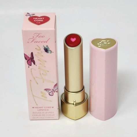 Too Faced Too Femme Lipstick Heart Core New In Box Asian Makeup Packaging, Too Faced Heart Lipstick, Too Faced Packaging, Cute Makeup Products Packaging, 50s Cosmetics, Pink Makeup Products Aesthetic, Cute Makeup Packaging, Cute Makeup Products, Too Faced Products