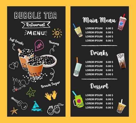 Bubble milk tea, Pearl milk tea , Different sorts of Boba. Yummy drinks. Menu Boba Drink, Bubble Tea Menu, Boba Tea Recipe, Bubble Tea Flavors, Yellow Exterior, Tea Flavors, Pearl Milk Tea, Cafe Menu Design, Tea Illustration