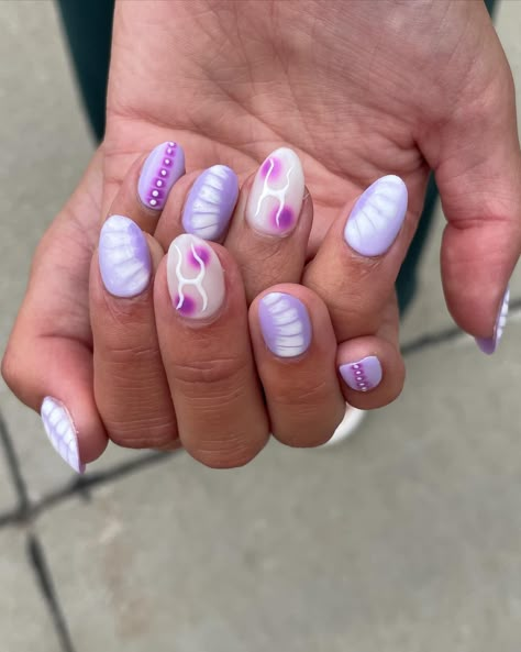 nails by addy Ecu Nails, Cute Blooming Gel Nails, Purple Tie Dye Nails, Nail Ideas Blooming Gel, Nail Inspo Bright, Pink And Purple Nails Designs, Summer Nail Art 2024, Purple Nail Inspiration, Blooming Gel Nail Art Tutorial