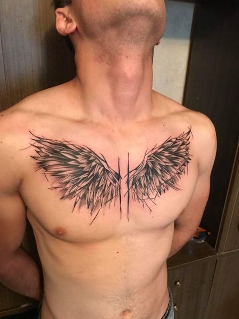 Top 2024 Chest Tattoos for Men: Symbolism, Strength, and Artistry Angel Wings Chest Tattoo, Chest Tattoo Wings, Art Personality, Tatuaje Trash Polka, Alas Tattoo, Wing Tattoo Men, Torso Tattoos, Saved Tattoo, Wing Tattoo Designs