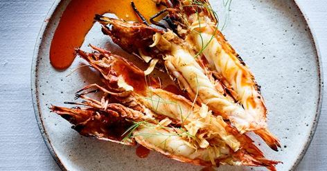 wood-grilled prawns with a smoky chilli oil. Chilli Oil Recipe, Grilled Prawns, Garlic Prawns, Chilli Oil, Prawn Recipes, Garlic Fries, Ginger Recipes, Just Cooking, Chef Recipes