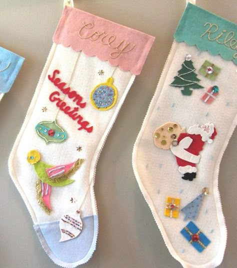 vintage inspired stockings Pam Garrison, Pink Couch, Diy Stockings, Felt Christmas Stockings, Vintage Christmas Stockings, Christmas Stockings Diy, Felt Stocking, I Want To Leave, Vintage Stockings