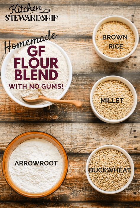 How to Make a 100% Whole Grain Gluten-free Flour Blend (Gum Free!): Mix your own flours or mill whole grains into a homemade gluten-free flour blend for baking, bread, pancakes and more. 100% whole grain option with NO starch and NO gums, plus another easier GF mix recipe, also gum-free. #cleaneatingrecipes #realfood Gf Flour Blend, Gluten Free Flours, Healthy Flour, Bread Pancakes, Gluten Free Flour Mix, Gf Flour, Gluten Free Breads, Gluten Free Flour Blend, Homemade Gluten Free