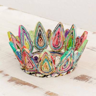 DIY crown idea -- Handmade Drop Motif Recycled Paper Basket from Guatemala - Rainbow Drops | NOVICA Contemporary Baskets, Recycle Newspaper, Diy Crown, Paper Crowns, Small Item Storage, Paper Weaving, Decorative Basket, Paper Basket, Handmade Baskets