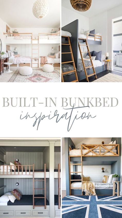 Bunk Beds 8ft Ceiling, Lake House With Bunk Room, Bunk Bed Configurations, Guest Room With Queen Bed And Bunk Beds, Queen And Twin Bunk Beds, Bunk Bed And Queen Bed In One Room, Bunk Bed Full Over Full, Bunk Railing Ideas, Built In Twin Over Full Bunk Bed