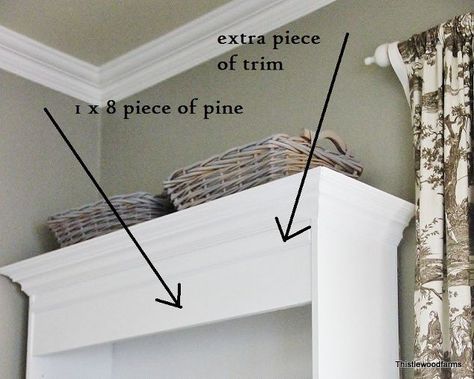 how to add molding to a bookcase, painted furniture, woodworking projects, Bling for the bookcases Crown Molding On Bookcase, Bookshelf Crown Molding, Bookshelf With Crown Molding, Bookcase Molding Ideas, Add Molding To Bookcase, Add Trim To Bookcase, Bookcase Trim Ideas, Library Rooms, Bedroom Bookcase