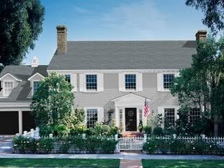 grey siding with white shutters and black door - classic Grey House White Trim, Red Shutters, Tan House, Colonial House Exteriors, White Shutters, Black Shutters, House Shutters, Gray House, Colonial Exterior