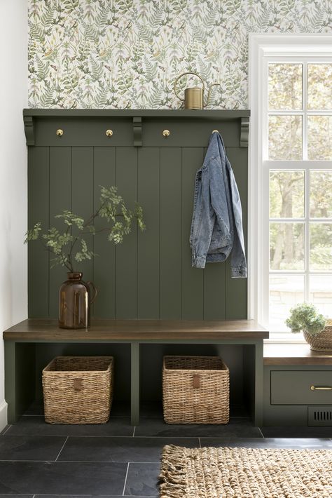 Board And Button With Wallpaper, Dark Green Hallway, Brick Herringbone Floor, Jkath Design, Herringbone Brick Floor, Green Hallway Ideas, Green Hallway, Mudroom Design, Mudroom Laundry