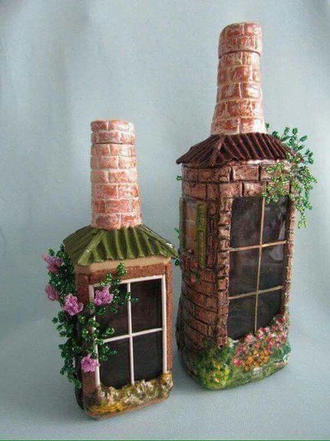 Recycler Diy, Fairy House Diy, Glass Bottle Diy, Fairy Garden Crafts, Wine Bottle Art, Glass Bottles Art, Wine Bottle Diy Crafts, Bottle Craft, Clay Houses