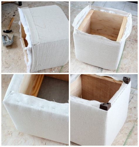 Ottoman Recover Diy, Diy Storage Ottoman, Diy Pouf, Diy Upholstery, Repurposing Ideas, Diy Ottoman, Diy Rustic Decor, Reupholster Furniture, Upholstery Diy