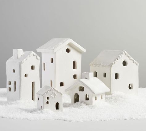 Ceramic Christmas Village, Pottery Barn Christmas, Pottery Houses, Christmas Village Houses, Clay Houses, Ceramic Houses, Ceramic Christmas, Handcrafted Ceramics, Village Houses