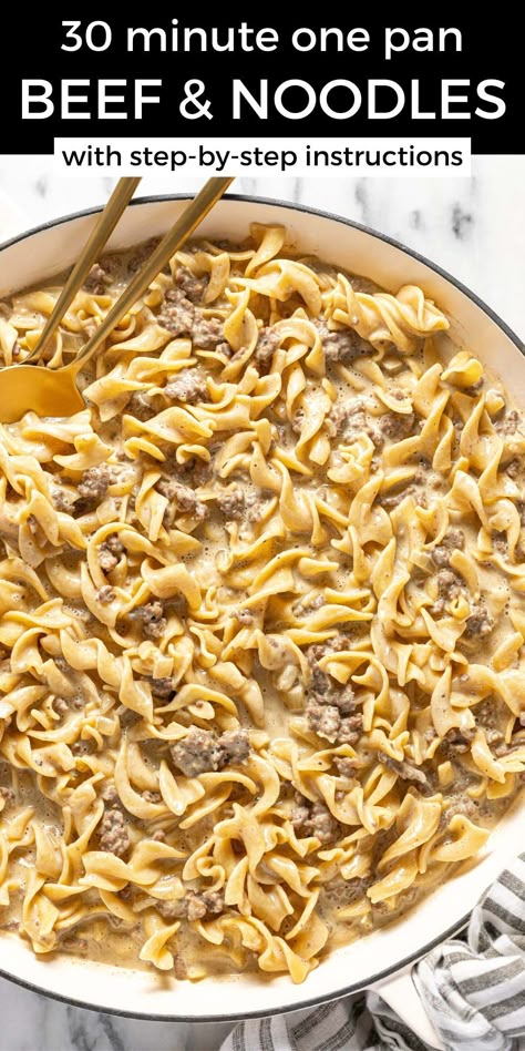 This creamy one-pan beef and noodles recipe comes together in about 30 minutes and is the perfect cozy comfort food for a busy weeknight! Mrs Millers Noodles Recipes, Beef And Cheese Noodles, Cheesy Beefy Noodles, Hamburger Beef And Noodles, One Skillet Ground Beef Recipes, Beef N Noodles Stove Top, Hamburger And Noodle Recipes Ground Beef, 30 Minute Beef And Noodles, One Pot Beef And Noodles