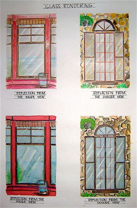 Colored Pencil and Water Color Rendering By:  DCG Pencil Color Rendering, Window Reflection Painting, Color Pencil Architecture, Glass Rendering, Pencil Rendering, Window Shadow, Architectural Illustration, Food Factory, Monochromatic Art