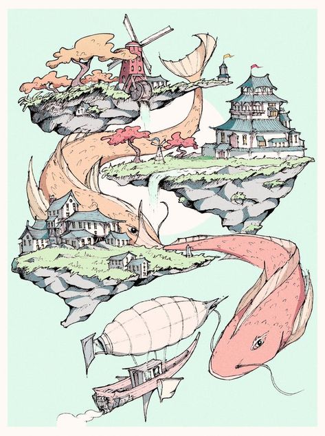 Floating Isles. Me, Ink and Digital, 2020. - Art Anime Island, Sitting On The Edge, Island Tattoo, Map Sketch, Fantasy Map Making, Floating Islands, Giant Fish, Create A Story, Floating Island