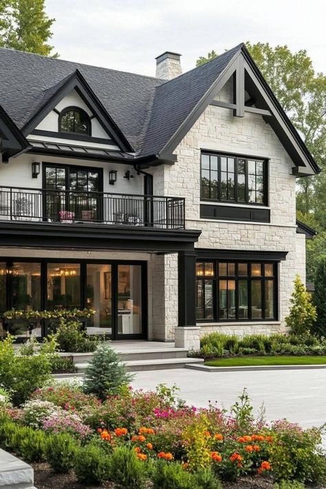 Old Modern House Exterior, Victorian Modern House Exterior, Virginia Homes Exterior, Most Beautiful Houses Exterior, Stone House Black Windows, Modern Gable Roof House, Moody Cottage Exterior, House Balcony Design Exterior, Houses Big Windows