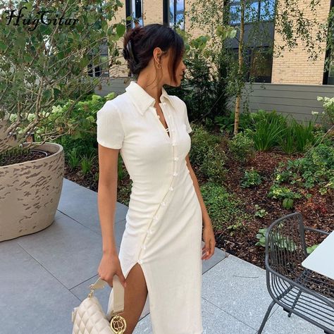 Cheongsam Outfit, Shirt Dress Summer, Women Bodycon Dress, White Bodycon Dress, Long Bodycon Dress, Split Maxi Dress, Midi Short Sleeve Dress, Pastry Chef, 가을 패션