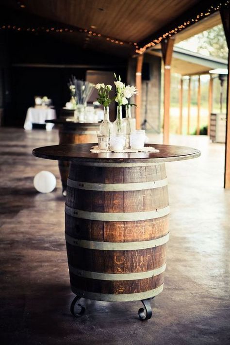 Plan your party at The 360 at Skyline with these fabulous cocktail tables that your guests will enjoy all night! Diy Whiskey Barrel, Diy Whiskey, Wedding Cocktail Tables, Rustic Barn Wedding Decorations, Whiskey Barrel Wedding, Wine Barrel Table, Barrel Wedding, Barrel Table, Deco Champetre