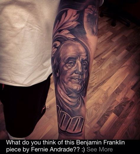 #FernieAndrade #B&G #BenjaminFranklin #ForeArm #Tattoo Benjamin Franklin Tattoo, Real Gangster, Chicano Art Tattoos, Joker Tattoo, Body Suit Tattoo, Chicano Art, Benjamin Franklin, Forearm Tattoo, Back Tattoo