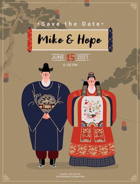 User2288841 | Freepik Korean Traditional Wedding, Korean Thanksgiving, Joseon Dynasty, Korean Traditional Clothing, Traditional Wedding Invitations, Couples Walking, Wedding Kiss, Cute Tigers, Wedding Invitation Card