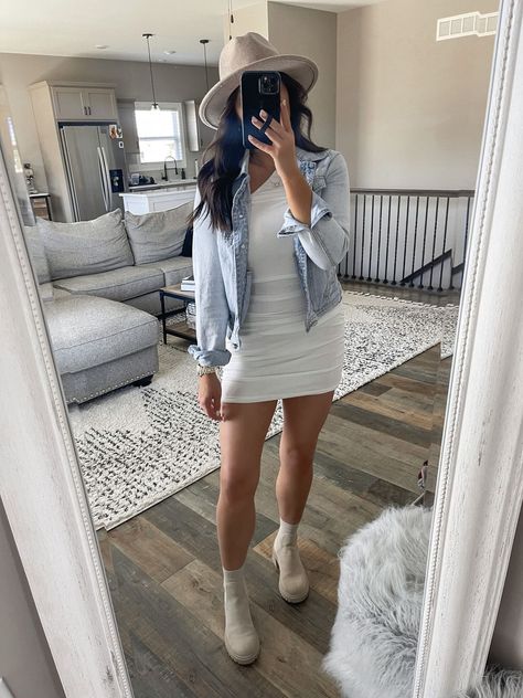 White Dress And Jacket Outfit, Dress With A Jacket Outfit, White Mini Dress With Boots, White Dress With Denim Jacket, White Boots Outfit Spring, White Boots Dress Outfit, White Dress Jean Jacket Outfit, Bodycon Dress With Shacket, Casual White Bodycon Dress For Fall