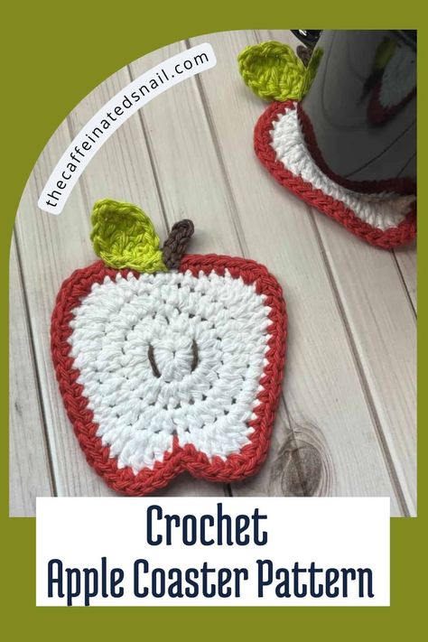 Make a set of crochet apple coasters with my Crochet Apple Coaster Pattern. It would make for a perfect crochet gift for teachers or fall decor. Apple Coaster Crochet Pattern, Teacher Gifts Crochet, Crochet Fall Coasters, Apple Coaster, Crochet Teacher, Crochet Teacher Gifts, Crochet Apple, Coaster Pattern, Crochet Gift