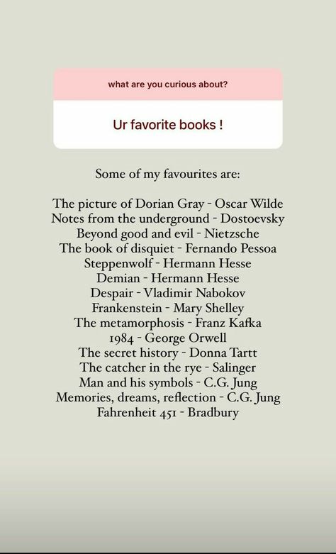 Favorite books 
List 
Persephonesblood
Persephonesmind
Oscar Wilde Persephonesblood Aesthetic, Persephonesblood Alessia, Demian Hermann Hesse, Books Recs, Literature Humor, Books Tbr, 100 Books To Read, The Book Club, Unread Books